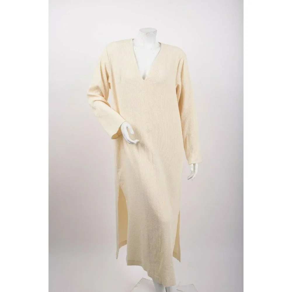 Zara Womans Textured Kaftan Dress Size M Beige V-Neck A-Line Midi 8342/100 NWT